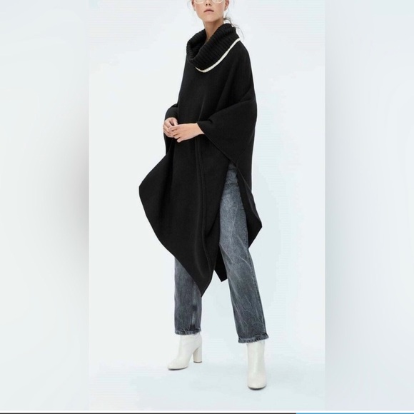 ZARA NWOT Black knit kaftan sweater, cowl neck with white trim. Side splits SZ:M - Picture 4 of 4